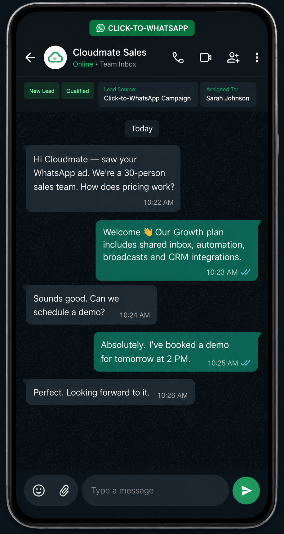 WhatsApp CRM chat mockup — Click-to-WhatsApp inbound conversation with an AI-scored lead and a booked demo