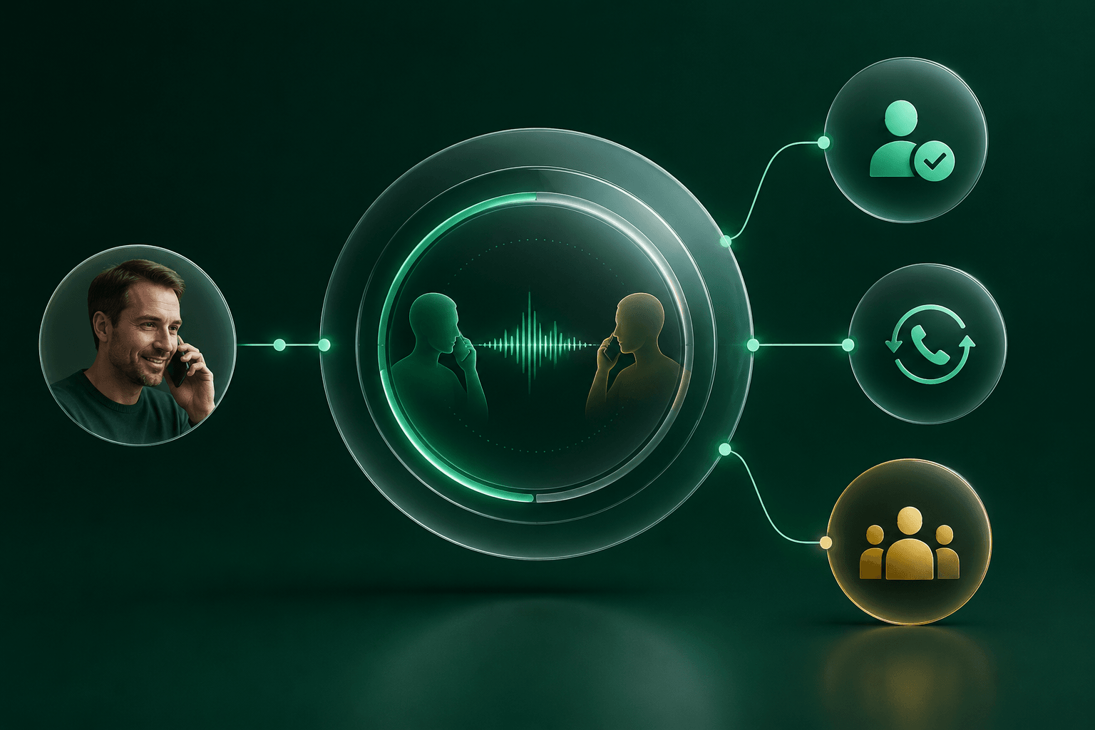 Illustration of an AI voice agent qualifying leads during phone calls and routing qualified opportunities to a sales team.